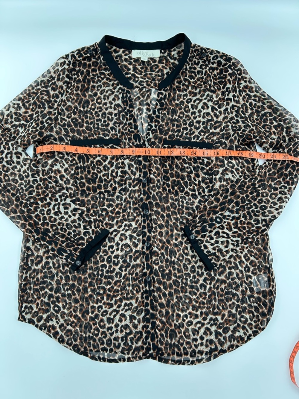 Leopard Print Sheer Olive & Oak Button-Up Top in Brown and Black M - Picture 5 of 9